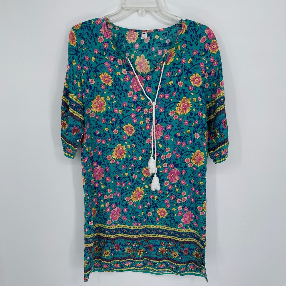 Halife Women's Teal Floral Boho Tassel Tunic Top Size Medium